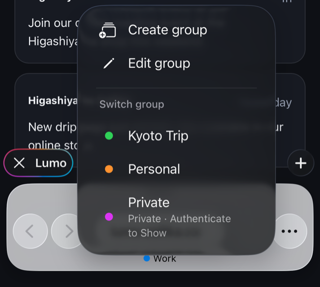 The menu that opens: Create group, Edit group, and the groups listed under Switch group
